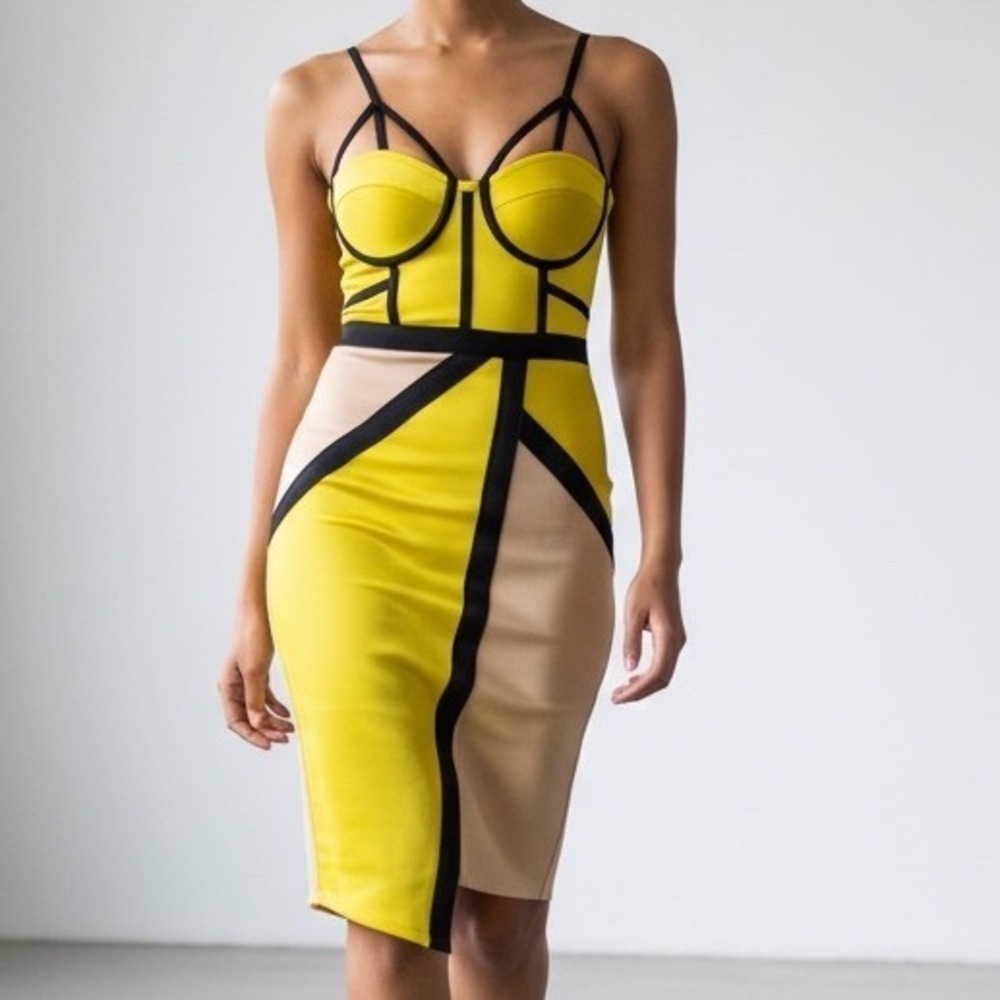 Angel Brinks Dress Yellow Black Nude Colorblock Bodycon Strappy Glam sexy‎ club